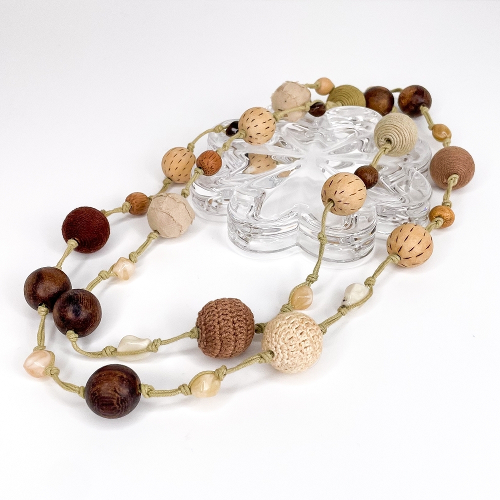 Wooden & Woven Ball Chunky Oversized Neutral Statement Necklace